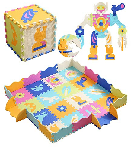 MUSOLEI Tapis Puzzle Bébé Mousse Enfant Tapis d’eveil Animaux Robot Tapis de Jeu Jouet Bâs Age Multicolore Imperméable Antidérapant 142x142x1 cm 36 Dalles Modèle 06 Cadeau Fête Anniversaire Naissance