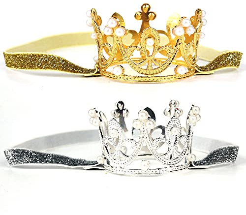 Nishine 2 Stück Baby Mädchen Krone Stirnband Prinzessin Diadem Kopfschmuck Set Kleinkind elastisches Stirnband(Gold/Silber)
