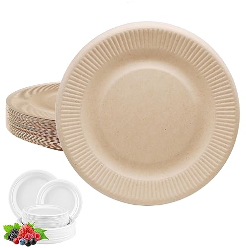 Lot de 50 assiettes jetables en carton marron de 15 cm, super rigides et respectueuses de l'environnement, compostables et biodégradables, assiettes de fête robustes pour aliments chauds/froids