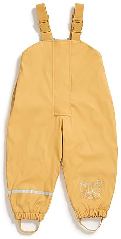 Regnbyxor för barn | fodrade med fleece | Öko-Tex | vindtätt | vattentäta | elastiska axelremmar | barn regnbyxor för pojkar och flickor, GUL, 122-128