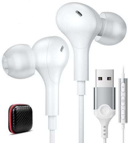 ACAGET USB Earphones with Microphone, Magnetic USB A Headset Earbud for PC Laptop Lightweight Computer Headphone White with Audio Controls & Mute Function for Dell Laptop for Surface Online Zoom