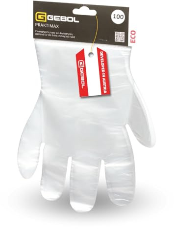 Gebol Praktimax, 100 Stück Einweghandschuhe, Plastik Schutzhandschuhe passend für linke und rechte Hand, wasserfest & durchsichtig, Kartonaufhängung für einfache Entnahme, Universalgröße