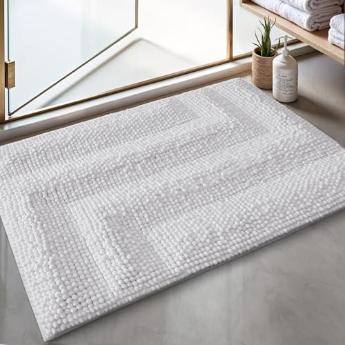 DEXI Soft Chenille Bath Mat 50 x 80 cm, Thick Absorbent Washable Rugs for Shower Floor, Textured Backing and Elastic Interlayer, Bathroom Accessories Decor, White