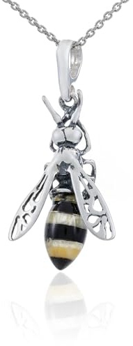 AMBEDORA Collier d'abeille mod.06 pour femme, ambre de la Baltique multicolore, argent sterling oxydé, pendentif en argent sur chaîne, Argent sterling, Ambre