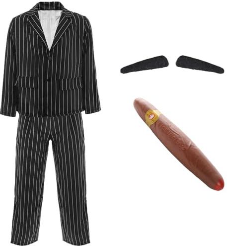 LOVETRENDS Mens Halloween Costume - Large - Pinstripe Suit Jacket and Matching Trousers, Fake Cigar, Spiv Moustache - Adults Halloween Fancy Dress Costume