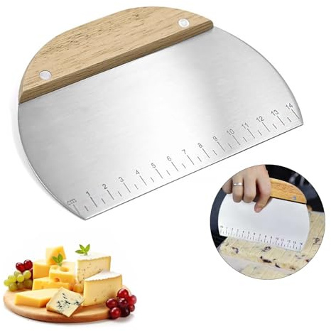 HSYTEK Degskrapa rostfritt stål, degkort med halkfritt trähandtag och mätskala, halvcirkelformad degskärare för kakor, pizza, brödskärning, köksartiklar, bröd