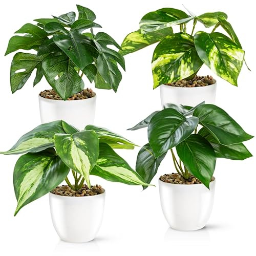 PASCH® Set med 4 konstgjorda växter som riktiga (18 cm) i glänsande keramisk kruka | Konstgjorda krukväxter | Konstgjorda krukväxter | Konstgjorda blommor Fake Plant