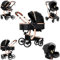 Veitoalioy PU-Leder Kinderwagen 3 in 1, Bequemer Multifunktionaler Kombikinderwagen 3 in 1 Komplettset, Aluminium Hohe Landschaft Babywagen, Faltbarer Kinderwagen Set (518 Black)