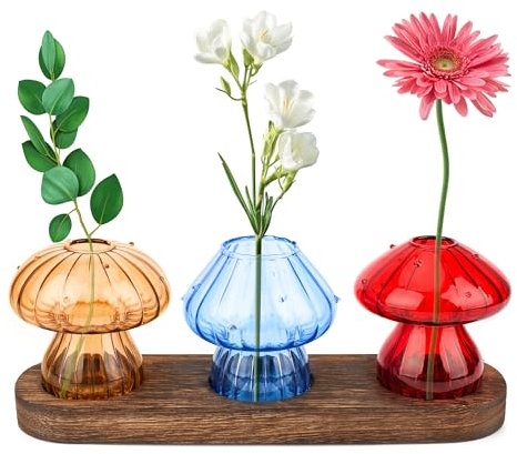 3Pcs Mushroom Vase for Plant, COITEK Colored Mushroom Glass Propagation Station with Wooden Stand for Home, Mushroom Hydroponic Planter Home Office Decor for Women Gift