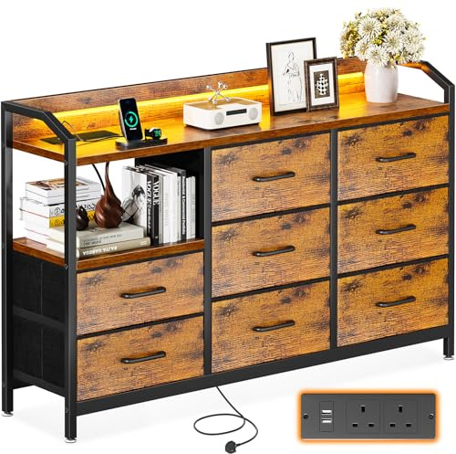 ODK Chest of Drawers Bedroom, with LED Light trip with 10 Adjustable Colors and 2 USB and 2 AC Outlets, Includes 8 Large Fabric Drawers, Suitable for Bedroom, Living Room, 110 * 30 * 88cm Retro Color