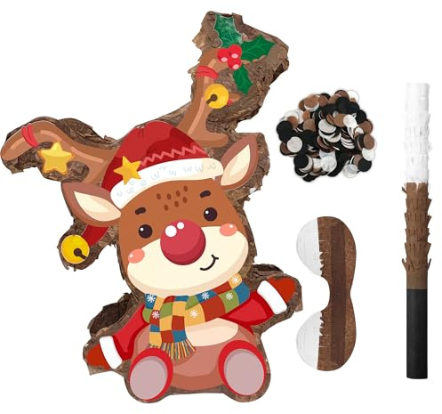 Set de Piñata de Reno de Navidad 5 Piezas – Piñata con Palo Antifaz Confeti y Cuerda para Colgar para Navidad Fiestas Decoración Regalos