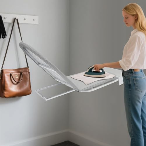 Tabla de planchar plegable, giratoria 180°, tabla de planchar con barra de apoyo, 93 x 31,5 x 14 cm, tejido de metal estable, tabla de planchar para pared, para dormitorios, apartamentos y viajes