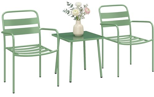 Outsunny Ensemble Bistrot de Jardin 3 Pièces Table Basse Verre Trempé Vert | 2 Chaises à Lattes, Cadre en Acier Galvanisé Antirouille, Mobilier de Jardin, Balcon et Terrasse Chic, Extérieur