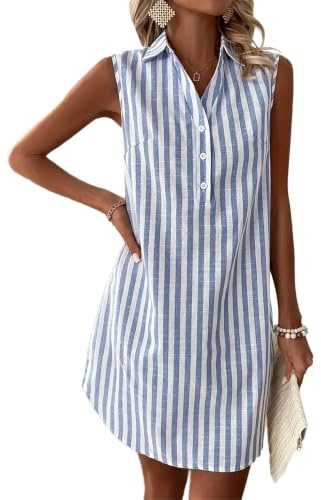 YUTILA Robe d'été pour femme, sans manches, 100 % coton, rayée, aérée, longueur genou, chemisier, robe décontractée, boutonnière et col