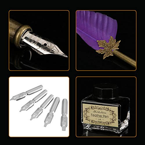 Chiyyak Vintage Retro Quill Feather Dip Pen Presentset Smidig Skrift Antik Kalligrafipenna för Konstnärliga Individer Naturlig Fjäderlegering 6 Spetsar (Purpur)