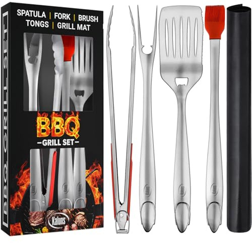 Kaluns BBQ Grilling Accessories, Grilling Gifts for Men Dad, Grill Tools for Outdoor Grill, Heavy Duty Stainless Steel Grill Set with Spatula, Tongs, Fork, Brush, & Grilling Mat, Best BBQ Gifts
