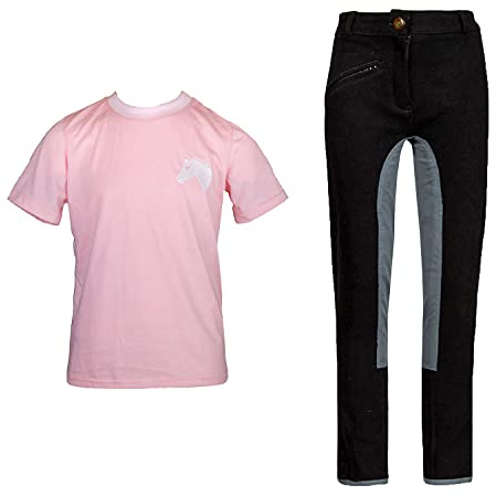 MS-Trachten Reitset Linda Reithose mit rosa T- Shirt Pferdekopf gestickt (146-152, Numeric_140)