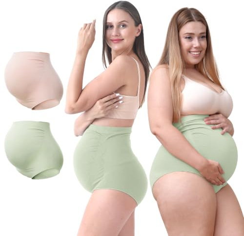 SUNNYBUY Kvinnor Kvinnor Graviditet Sömlösa Sömlösa Moderskap Underkläder Hipster Trosor Över Bumpen, 1 grön, 1 läder, 2 st, XXL
