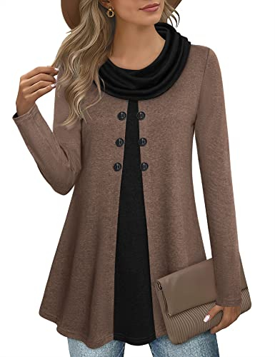 Gaharu Tunika Damen Langarm Elegant Lang Business Pullover Winter Warm Hoodie Longform A-Linie Leicht Lässige Strickpullover Oversize Bauch Kaschieren Braun, XXL