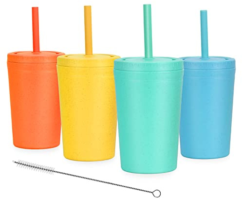 Homestockplus Reusable Wheat Straw Cups with Lids and Silicone Straws, 10 Oz Chip Resistant E-Co Friendly Small Water Cups for Milk, Drinks, Smoothies - 4 Colors