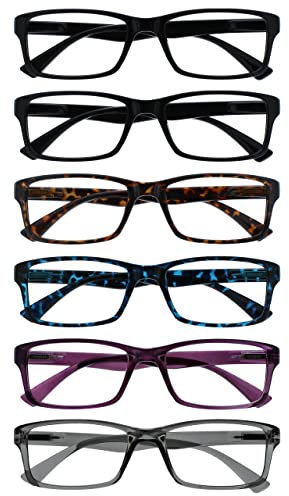 OPULIZE PEP Classic Reading Glasses for Women Men, Scratch Resistant Rectangular Frame with Spring Hinges, Black, Brown, Blue, Purple, Grey, +2.5 (Pack of 6)