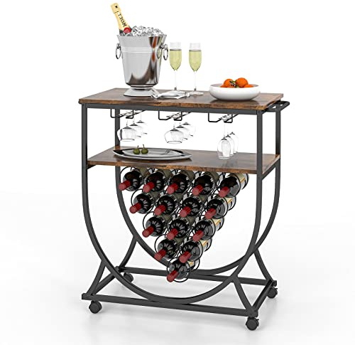 Giantex Carro de vino de bar de metal con 2 capas, portabotellas y soporte de vidrio, postre industrial con ruedas para sala de estar, cocina, comedor, 82 x 40 x 82,5 cm, marrón