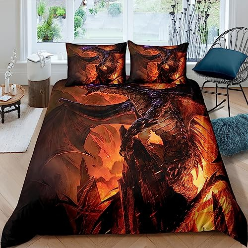WIKINGER Bettwäsche Drachen 155x220 cm 3teilig Jungen 100% Mikrofaser Sommer Weiche Winter Warm Kinder Bettbezüge mit Reißverschluss 3D Viking Drache Bettbezug mit 2 Kissenbezüge 80x80 cm