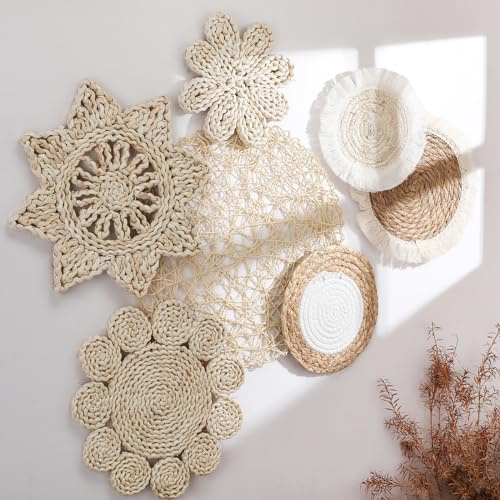 Beeveer 7 Pcs Boho Wall Baskets Decor Hanging Rustic Rattan Wicker Wall Baskets Round Wall Art for Farmhouse Living Rooms Bedrooms Kitchen Decorations