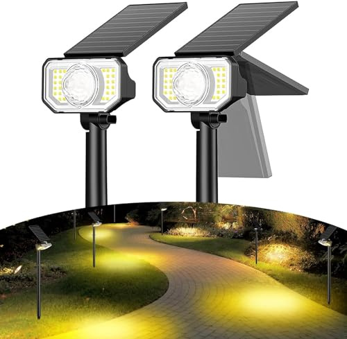 Quntis Solar Spotlight för Utomhus med 2 linser, 26 + 1 LED Solar Lampor för Utomhus 2 st, Varmvit, IP65 vattentät trädgård Spotlight, Solar Lights Garden, Vägglampa för Balkong terrass Walkway House