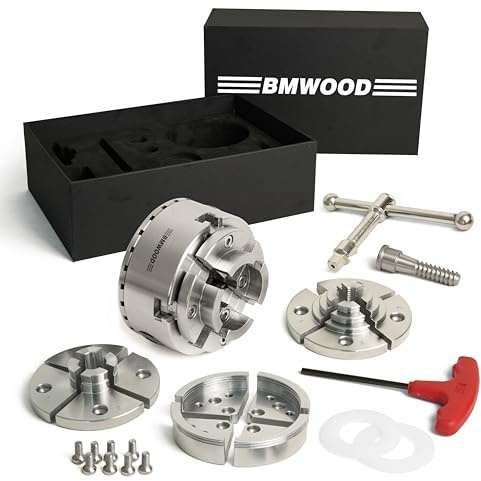 BMWOOD CK100/S2 3.75 4-Jaw Key woodturning Chuck with four set jaws, Wood Screw, Two Nylon Rings in Black Box for wood lathe.