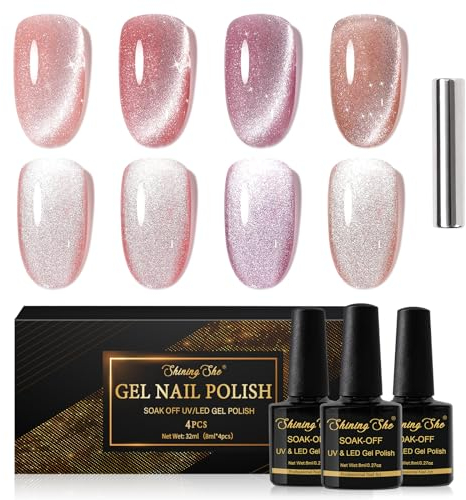 Shining She UV Nagellack CatEye,4 Farben Nude Rosa Hellviolett 9D Cateye Glitzer Gel Nagellack UV Set Mit Magnet,Schellack Soak-Off UV nagellack Set French Manicure DIY zu Hause,8ML