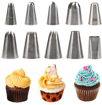 Juego de 10 boquillas redondas de acero inoxidable para glaseado de flores y hierba, juego de puntas grandes para decoración de pasteles, herramientas para hornear galletas y magdalenas