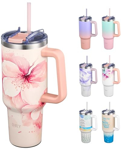 THILY Edelstahl-Isolierbecher 1180ml mit Griff – Vakuumisolierter Reisebecher, Dichtschließender Deckel, 34h Kalt & 12h Warm, Spülmaschinenfest, Inkl. 2 Strohhalmen + Bürste, Kirschblüten