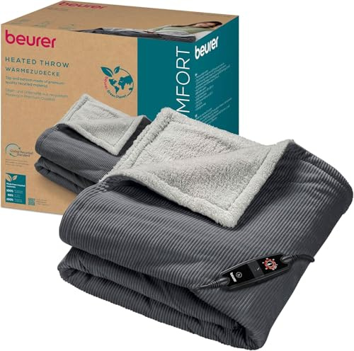 Beurer HD 80 Coperta termica in velluto a coste con 6 livelli di temperatura, materiali riciclati, con spegnimento automatico e sistema di sicurezza, coperta in morbido tessuto grigio