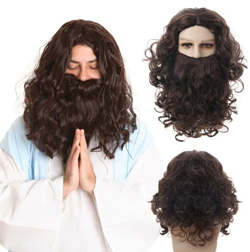 FOUNSHO Long Wig and Beard Adults Dark Brown Curly Wig for Halloween Carnival Wizard Fancy Dress Party, Wig and Long Beard Costume Fancy Dress Party Accessory for Men