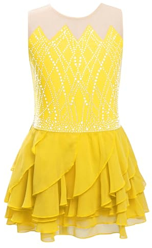 Miutii Vestido de patinaje artístico para niños y niñas, vestido de danza, vestido de ballet, malla patchwork, vestido de patinaje sobre ruedas, vestido de baile de competición, amarillo, 158-164