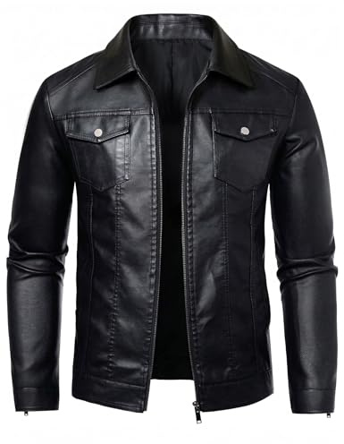 Zbrandy Black Leather Jacket Men Faux Leather Jackets Motorcycle Jacket Casual Zip Up with Turn-Down Collar Biker Outerwear Coat L