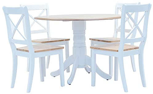Owoxanthellate Gruppo da pranzo 5 pezzi in legno massello di gomma bianco/marrone, rotondo 106 × 75 cm, design moderno, durevole e salvaspazio per piccola cucina, sala da pranzo o balcone