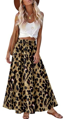 KISSMODA Maxi Skirt for Women Summer Long Skirts Casual Vacation Boho Skirt | Elasticated High-waisted Waistband and Adjustable Drawstring, Classic Boho Beach Vacation Maxi Skirts, Flowy A-line Skirt