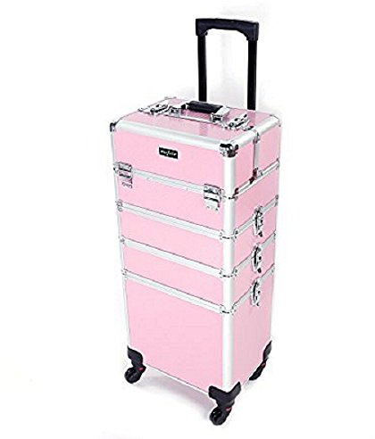 mefeir 4 in 1 Rolling Makeup Train Case, Aluminum Makeup Travel Organizer Cosmetic Case, Cosmetology Display Suitcase on Wheels, Beauty Storage Luggage Lockable w/4 Removable Wheels (Pink)