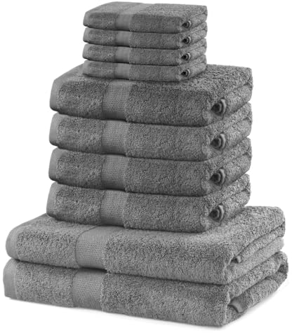 DecoKing 10er Set Baumwolle Qualität 525g/m² 4 Gästehandtücher 30x50 cm 4 Handtücher 50x100 cm und 2 Badetücher 70x140 cm Silber Stahl grau saugfähig Marina