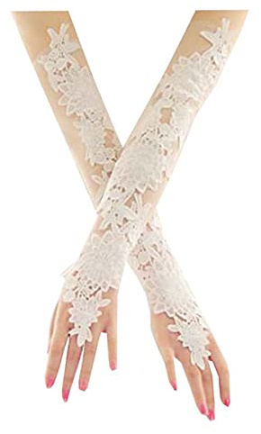 Guanti da sposa lunghi in pizzo da donna, Guanti da abito senza dita sul gomito Costume da ballo per feste di matrimonio