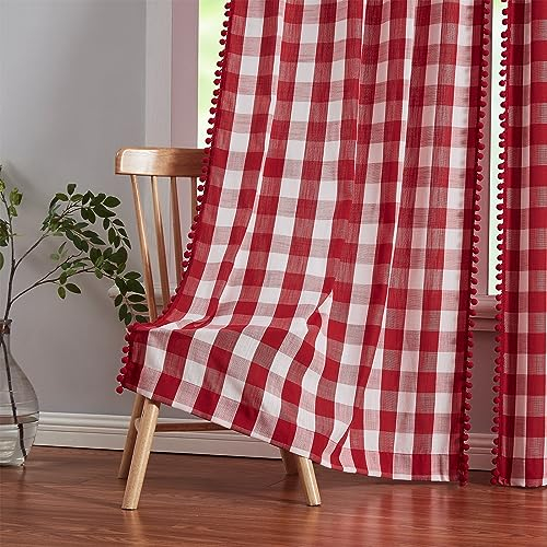 Treatmentex Rot Weiß Buffalo Kariert Gardinen mit Kräuselband Vorhang Halbtransparente 135CM Breite Gardinen Landhausstil für Bauernhaus,Schlafzimmer,Wohnzimmer-2 Stück(Rot Weiß,135x225cm)