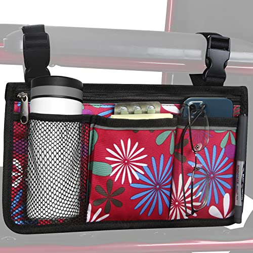 HSGEZUOQI Wheelchair Side Bag, Upgrade Flower Color Armrest Storage Pouch with Cup Holder and Reflective Strip Use of Waterproof Fabric, for Most Wheelchairs, Walkers or Rollators (Red Fireworks)