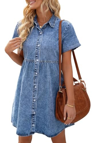 Vetinee Women's Casual Babydoll Denim Dress Short Sleeve Button Down Flowy Tiered