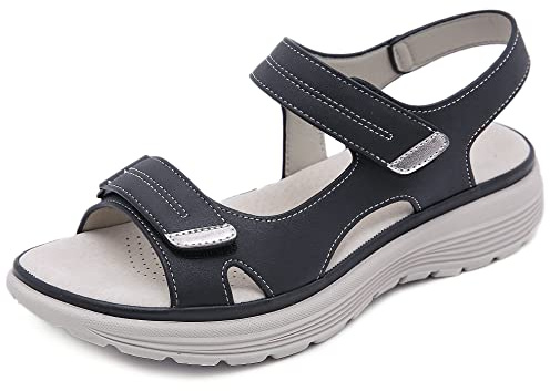 SMajong Sandali Donna Ortopedico con Adjustable Strappo Sandali Estivi Leggere Comode Cuoio Artificiale Sandali con Zeppa Vintage Moda Scarpe Versatili, B Nero,37 EU