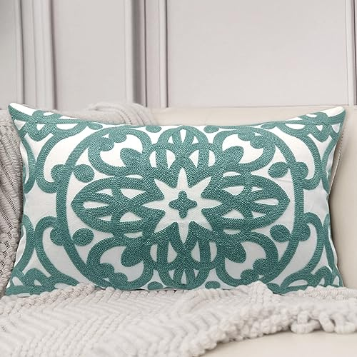 Alysheer Funda de Cojín Decorativo Lumbar Bordada 30,5 x 50,8 cm, Patrón de Bordado Mandala Boho Clásico de Algodón Estilo Granja Funda de Cojín Rectangular para Sofá Sillón Sala de Estar Dormitorio
