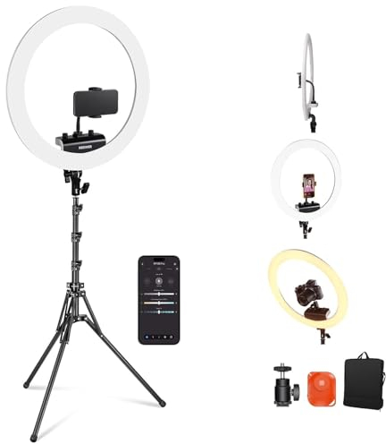 NEEWER Luce ad anello professionale con supporto e supporto per telefono, 18 sottile, 45W 2900K-7000K TLCI98, scatto remoto e controllo app, illuminazione più morbida per make up Live Stream TikTok