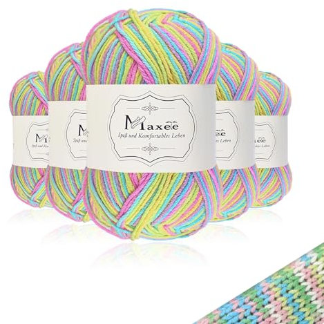 Maxee Handstrickgarn, 5x50 g Häkelgarn, Bunt Farbverlauf Acryl Garn zum Stricken, Weicher Wolle zum Häkeln, Mehrfarbiges Garn zum Stricken Häkeln und Basteln