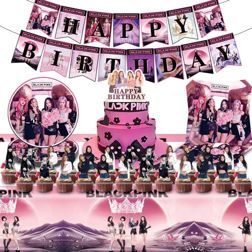 Kit Anniversaire Fille Rose - Décoration Vaisselle avec Happy Birthday Banner, Nappe, Assiette Rose, Serviette en Papier et Décors pour Gâteau